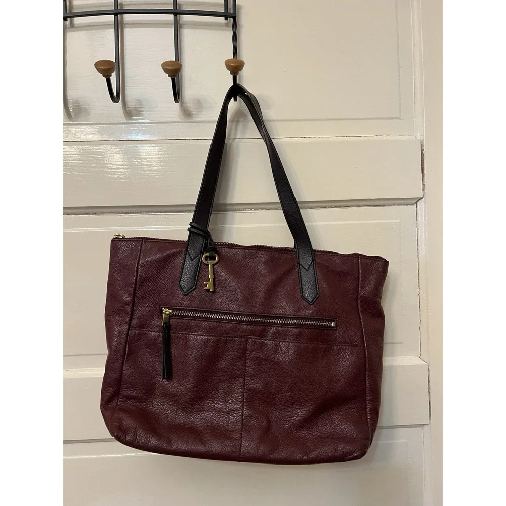Fossil Maroon Wine Fiona Leather Tote Shoulder Bag Double Handles Zip Purse